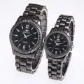 Ensemble de montres à quartz gris métallique pour couple avec bracelet en acier - Femmes Boîtier Gunmetal Cadran Noir