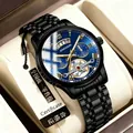 Vue détaillée d'une montre tourbillon squelette pour homme étanche avec un cadran bleu élégant - Boîtier Noir Cadran Bleu Index Or - Bracelet Acier
