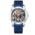 Montre à quartz squelette pour homme avec bracelet en silicone bleu et boîtier argent - Boîtier Argent Bracelet Bleu