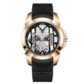 Men's stylish skeleton quartz watch with large rose gold case and black silicone strap - Rose Gold Case Black Strap