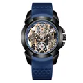 Montre de sport squelette pour homme avec grand cadran noir et bracelet en silicone bleu - Boîtier Noir Bracelet Bleu