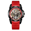 Montre à quartz squelette pour homme avec bracelet en silicone rouge vif et boîtier noir mat - Boîtier Noir Bracelet Rouge