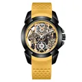 Montre à quartz squelette pour hommes avec bracelet en caoutchouc jaune - Boîtier Noir Bracelet Jaune