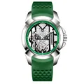 Montre à quartz squelette de luxe pour homme avec bracelet en silicone vert et cadran argenté. - Boîtier Argent Bracelet Vert