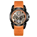Montre de sport squelette moderne pour homme avec bracelet silicone orange et cadran - Boîtier Noir Bracelet Orange