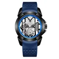 Men's skeleton quartz watch with blue honeycomb silicone strap and large black dial - Black Case Blue Strap