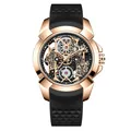 Montre homme squelette or rose avec bracelet silicone noir et détails de cadran complexes. - Boîtier Or Rose Bracelet Noir