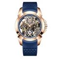 Montre à quartz squelette pour hommes en or rose avec bracelet en silicone bleu - Boîtier Or Rose Bracelet Bleu