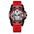 Men's stylish hollow dial quartz watch with red honeycomb texture silicone watchband - Black Case Red Strap