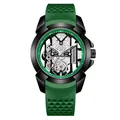 Men's sports quartz watch with green silicone strap and skeleton dial - Black Case Green Strap