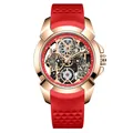 Montre de sport à quartz squelette pour homme avec bracelet en silicone rouge et boîtier or rose - Boîtier Or Rose Bracelet Rouge