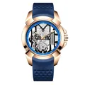 Luxury men's skeleton quartz watch featuring a blue silicone strap and rose gold case - Rose Gold Case Blue Strap