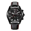 Montre à quartz Kimsdun noire sport avec bracelet en fibre de carbone et coutures rouges - Boîtier Noir Cadran Noir - Bracelet en Cuir