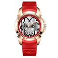 Luxury men's skeleton quartz watch featuring a red silicone strap and rose gold finished case - Rose Gold Case Red Strap