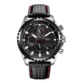 Montre à quartz de sport Kimsdun pour homme avec bracelet noir à motif fibre de carbone - Boîtier Argent Cadran Noir - Bracelet en Cuir