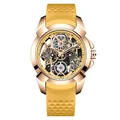 Montre à quartz squelette de luxe pour homme avec bracelet silicone jaune alvéolé - Boîtier Or Rose Bracelet Jaune