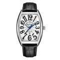 Reloj de cuarzo para hombre en forma de tonel con correa de cuero negro y agujas luminosas - Caja Plateada Esfera Blanca Números Negros - Correa Negra