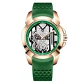 Men's luxury skeleton quartz watch featuring rose gold case and green strap detail - Rose Gold Case Green Strap