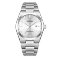 Silver stainless steel business quartz watch for men with white dial and calendar - Silver Case White Dial Steel Band (Transparent Back)