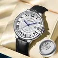 KIMSDUN men's quartz watch with Roman numerals, blue hands, and black leather strap - Black Leather Strap (Transparent Back) / Silver Shell White Face