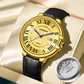 Luxury gold men's quartz watch featuring blue hands and a premium black leather strap - Black Leather Strap (Transparent Back) / Gold Case Gold Dial