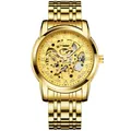 Reloj mecánico automático esqueleto dorado de lujo para hombre con correa de acero - Caja Dorada Esfera Dorada