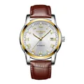 Montre automatique KIMSDUN pour homme avec bracelet en cuir marron et index dorés - Cadran Blanc Bicolore (K-1891A) / Cuir Marron