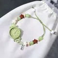 Cute light green beaded bracelet watch with adjustable drawstring strap for students - Drawstring Bracelet Watch / Green