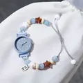 Cute light blue beaded bracelet watch with lucky charm pendant for students and girls - Drawstring Bracelet Watch / Blue