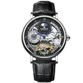 Luxury high-end men's automatic mechanical skeleton watch with black leather strap - Silver Case Black Face - Black Leather