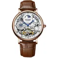 Luxury men's automatic mechanical watch with skeleton dial and brown leather strap - Rose Gold Case White Dial Brown Strap