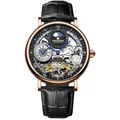 Luxury KIMSDUN automatic mechanical watch for men with black leather strap and moon phase - Rose Gold Case Black Dial Black Strap