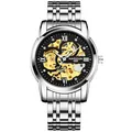 Luxury men's automatic mechanical skeleton watch with silver stainless steel strap - Metal Bracelet / Silver Case Black Dial