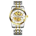 Men's automatic mechanical watch with hollow dial and two-tone silver gold band - Two-Tone White Face Style (K-1973A钢带) / Two-Tone Gold White Dial Steel Strap