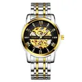 Men's business automatic mechanical watch with gold skeleton dial and two-tone band - Two-Tone Black Face Style (K-1973A钢带) / Two-Tone Black Dial - Steel Band