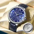 KIMSDUN men's quartz watch with blue leather strap and transparent case back - Blue Leather Strap (Transparent Back) / Silver Case Blue Dial