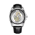 Montre à quartz squelette pour homme avec bracelet en cuir noir et boîtier argenté - Style Bracelet Cuir (K-1822B) / Boîtier Argent Cuir Noir