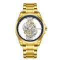 Montre à quartz de luxe dorée pour hommes avec un cadran squelette transparent unique - Style Bracelet Acier (K-1822B) / Boîtier Or Bracelet Acier