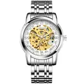 Reloj mecánico automático tipo esqueleto para hombre con correa de acero y movimiento dorado - Caja Plateada Esfera Blanca