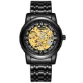 Reloj esqueleto automático de negocios con correa de acero negro y engranajes dorados - Caja Negra Esfera Negra