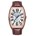 Elegante reloj de cuarzo para hombre con forma de tonel, correa de cuero marrón y caja oro - Caja Oro Rosa Esfera Blanca Números Negros - Correa Marrón