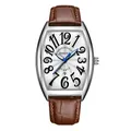 Elegante reloj de cuarzo tonneau plateado para hombre con manos luminosas y correa marrón - Caja Plateada Esfera Blanca Números Negros - Correa Marrón