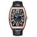 Elegante reloj de cuarzo luminoso Kimsdun para hombre en forma de tonel con correa negra - Caja Oro Rosa Esfera Negra Números Blancos - Correa Negra
