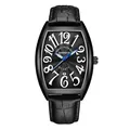 Elegante reloj de cuarzo tonneau negro para hombre con correa de cuero y agujas - Caja Negra Esfera Negra - Cuero Negro
