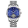 KIMSDUN men's automatic skeleton mechanical watch with luxury blue dial and steel strap - Silver Case Blue Dial