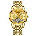 Luxe verguld mechanisch herenhorloge met een skelet wijzerplaat en diamantaccenten - Gouden Kast Gouden Wijzerplaat