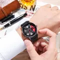 Detailed view of men's creative quartz watch with car wheel hub dial and black strap - Red (GS734)