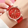 Close-up of elegant Geneva women's quartz watch with red dial and leather strap - Red