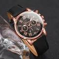 Close-up detail of Geneva women's rose gold quartz watch featuring a black leather strap - 1217 Black / Black