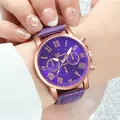 Close-up of a stylish Geneva quartz watch with purple leather strap and Roman numerals - 1217 Purple / Purple